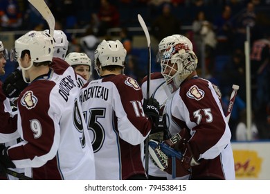 UNIONDALE, NEW YORK, UNITED STATES – FEB 8, 2014: NHL Hockey: Colorado Avalanche Players Celebrate After Defeating The New York Islanders At Nassau Coliseum. Matt Duchene, PA Parenteau. 