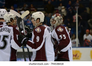 UNIONDALE, NEW YORK, UNITED STATES – FEB 8, 2014: NHL Hockey: Colorado Avalanche Players Celebrate After Defeating The New York Islanders At Nassau Coliseum. Matt Duchene, PA Parenteau. 