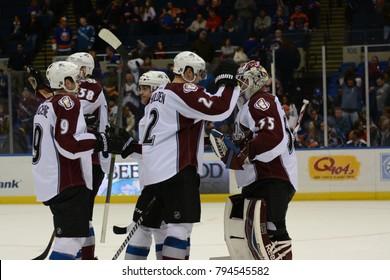 UNIONDALE, NEW YORK, UNITED STATES – FEB 8, 2014: NHL Hockey: Colorado Avalanche Players Celebrate After Defeating The New York Islanders At Nassau Coliseum. Matt Duchene, Nick Holden.