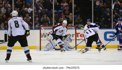 UNIONDALE, NEW YORK, UNITED STATES – FEB 8, 2014: NHL Hockey: The Colorado Avalanche Press Against The New York Islanders During A Game At Nassau Veterans Memorial Coliseum.