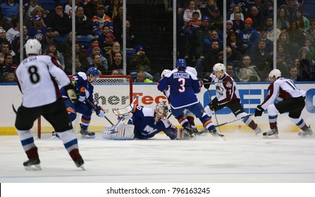 UNIONDALE, NEW YORK, UNITED STATES – FEB 8, 2014: NHL Hockey: The Colorado Avalanche Press Against The New York Islanders During A Game At Nassau Veterans Memorial Coliseum.