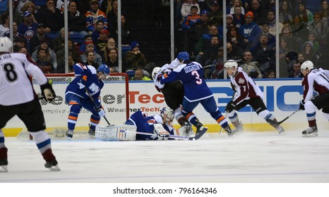 UNIONDALE, NEW YORK, UNITED STATES – FEB 8, 2014: NHL Hockey: The Colorado Avalanche Press Against The New York Islanders During A Game At Nassau Veterans Memorial Coliseum.