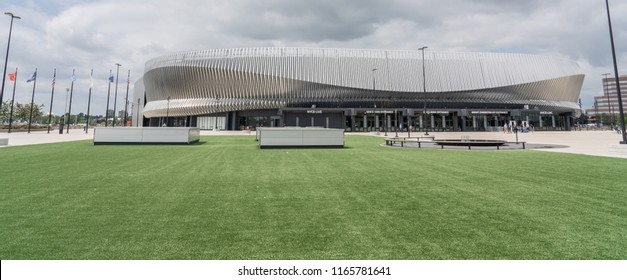 Uniondale, NY - August 22, 2018: Panoramic View From The LIU Post Park In Front Of The Nassau County Veterans Memorial Coliseum.