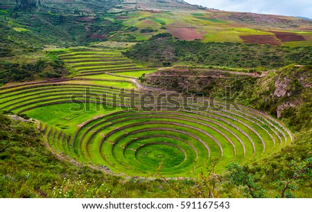 Unique ancient Inca circular terraces at Moray (agricultural experiment station), Peru, South America 
