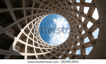 A unique architectural structure with a geometric pattern, viewed from below, looking up at a bright blue sky with clouds.