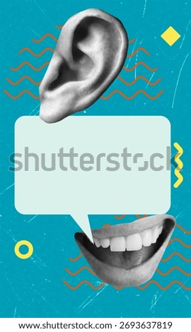 Unique artwork features an ear and a smiling mouth on a bright blue background, incorporating wavy lines and a blank speech bubble for creative prompts and communication themes.