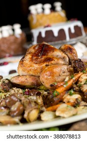 Unique Beautiful Christmas Meal Platter, With Roast Chicken And Vegetables, Surrounded By Cakes, Mince Pies, Fruit, Bread And Jam.