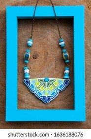 Unique Boho Style Bib Necklace Pendant. Handmade Jewelry Of Polymer Clay.