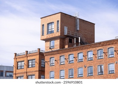 Unique brick building with an elevated modern loft extension, featuring large windows and external stairs, against a bright sky. Urban architecture concept