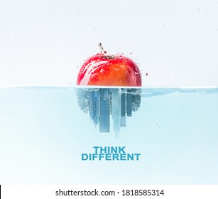 Unique Business Ideas Concept. Half Apple Half City Skyscraper Under Water, Think Different Lettering, Illustration