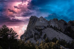 Unique Capture Of Mt Rushmore With A Severe Lightning Storm Over The Monument With Dramatic Clouds During Sunset, No People, In The Black Hills Of South Dakota