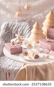 Unique Christmas tableware for two with tableware full of presents. Xmas holiday sweets.