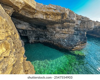 Unique coastal landscape with cove nestled between rocky cliffs in Cape Kamenjak National Park near Premantura, Istria, Croatia. Clear turquoise waters of Adriatic Mediterranean Sea. Summer vacation - Powered by Shutterstock