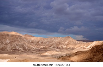 Unique desert landscape. ​Sandy hills lit by the sun. Dark overcast sky and impending windstorm. Dramatic and picturesque winter desert scene.                               - Shutterstock ID 2108274854