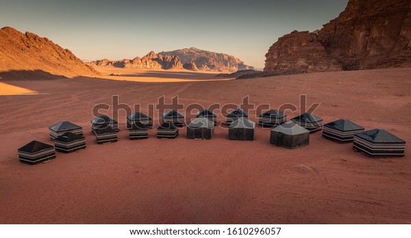 The unique experience of visiting the beautiful\
desert makes Wadi Rum a worthwhile stop on a visit to Jordan.\
Dozens of Beduin camps cater offer tourist campsites in the desert\
under clear skies.