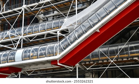 Unique external style and engineering of the Centre Georges Pompidou which is one of Paris, France's landmark modern city buildings