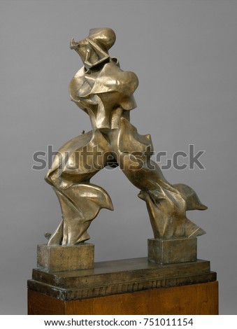 UNIQUE FORMS OF CONTINUITY IN SPACE, by Umberto Boccioni, 1913, Italian Futurist bronze sculpture. The artists classic striding figure forms are shaped by the power of its forward movement. Cubism pro