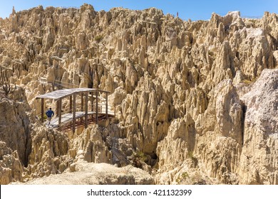 Unique Geological Formations Cliffs Shapes, Moon Valley Park, La Paz Mountains, Bolivia Tourist Travel Destination.