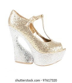 Unique Gold Glitter Shoe With Crystals Encrusted Platform