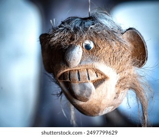 A unique doll’s head is made of coconuts.