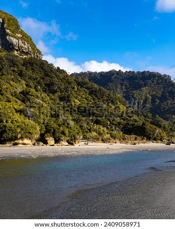 unique landscape of pororari lagoon near punakaiki, new zealand south island west coast, beautiful beach with mouth of river surrounded by rainforest