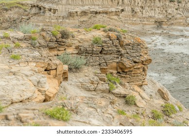 Unique outcropping of rock on a cliff in the Avonlea Badlands, near Avonlea, Saskatchewan, Canada