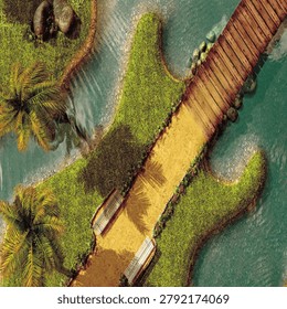 A unique, overhead concept render of a tropical park island sculpted precisely into the shape of an acoustic guitar. The landscape features a sandy path forming the fretboard, green lawns as the body, wooden bridge walkways, and palm trees surrounded by clear turquoise water.