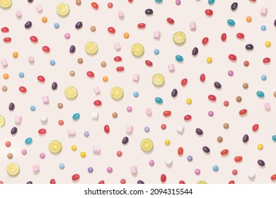Unique pattern of many different candy jelly and hard bombon slice lime fruit against champagne flat lay composition.
