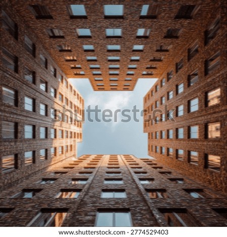 A unique perspective from below, gazing upwards at the sky framed by the architecture of modern brick buildings.