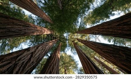 A unique perspective from below, gazing upwards at the towering trunks of ancient redwood trees reaching towards the sky.
