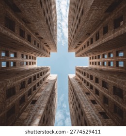 A unique perspective looking straight up between four tall, imposing buildings, creating a cross shape against a clear blue sky.
