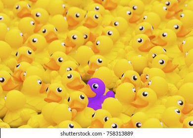 Unique Purple Toy Duck Among Many Yellow Ones. Standing Out From Crowd, Individuality And Difference Concept