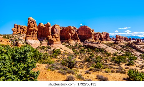 Unique Red Sandstone Pinnacles And Rock Fins At The Garden Of Eden In Arches National Park Near The Town Of Moab In Utah, United States