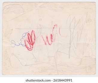Unique texture of old scribbled paper on white background. Interesting old paper with traces of pencils. The noble beauty of natural antique darkened and yellowed paper from the 1960s-1970s.