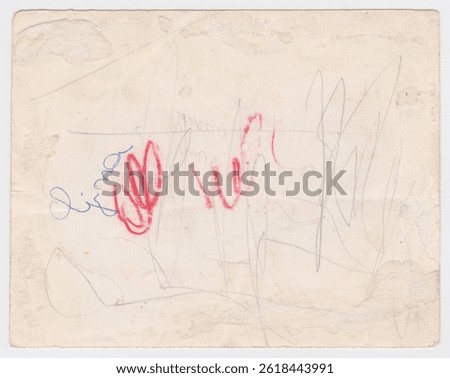 Unique texture of old scribbled paper on white background. Interesting old paper with traces of pencils. The noble beauty of natural antique darkened and yellowed paper from the 1960s-1970s.