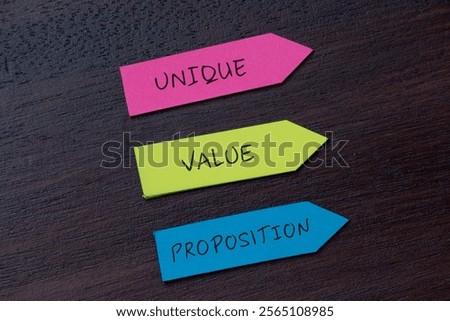 Unique Value Proposition - text on sticky notes isolated on brown office desk