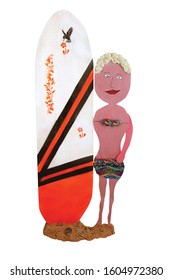 Unique wooden folk art cartoon cutout of a surfer girl in a bikini on the beach holding a surfboard on a white background. - Shutterstock ID 1604972380