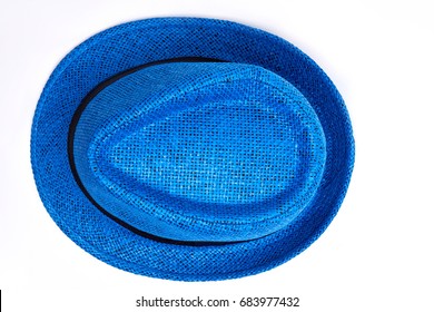 Unisex Blue Hat, Top View. Woven Headwear For Beach Vacation.