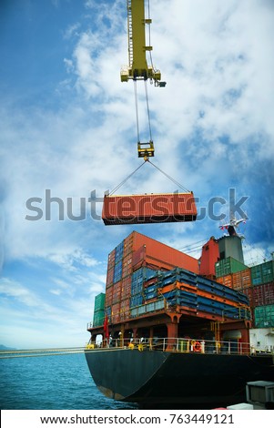 Unit of container being loading by the gantry crane of the port for transfering shipment from original port ot destination port by sera transportation carrier by the ocean vessel