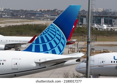 United Airlines Logo At Aircraft Tail On GRU Airport, 17 Jul, 2022, Sao Paulo, Brazil.