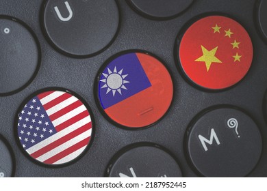 United Of America Taiwan And China Flag Print Screen On Laptop Computer Keyboard For Military And Cyber War Conflict From Three Countries Concept.