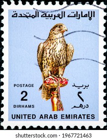 UNITED ARAB EMIRATES - CIRCA 1990: A Stamp Printed In UAE Shows Falcon, Bird Of Prey, Circa 1990