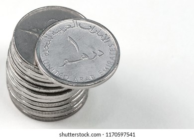 United Arab Emirates Currency Coins. 1 Dirhams Stacked On Top Of Each Other. AED. DHS. 