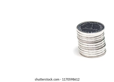 United Arab Emirates Currency Coins. 1 Dirhams Stacked On Top Of Each Other. AED. DHS. 