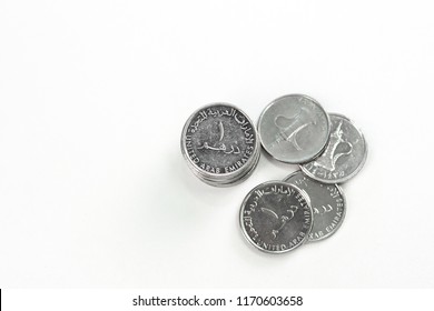 United Arab Emirates Currency Coins. 1 Dirhams Stacked On Top Of Each Other. AED. DHS. 