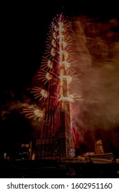 United Arab Emirates, Dubai - January 1 2020: NYE 2020 Celebrations With Emaar In Downtown, Just Next To Burj Khalifa.
