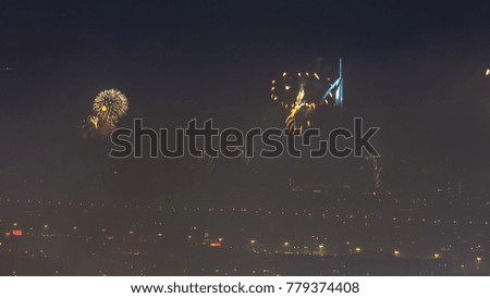 United Arab Emirates, Dubai, new years eve fireworks near burj al arab timelapse top view
