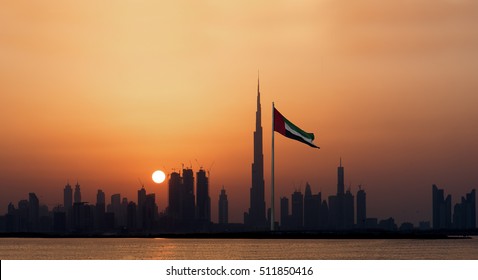 United Arab Emirates Flag And Dubai Skyline View

