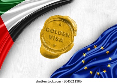 Bandera de los Emiratos Árabes Unidos y visa de oro de la Unión Europea