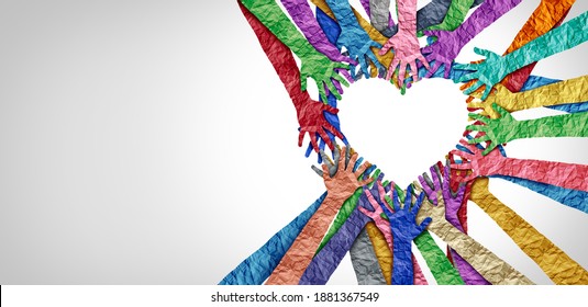 United diversity and unity partnership as heart hands in a group of diverse people connected together shaped as a support symbol expressing the feeling of teamwork and togetherness.